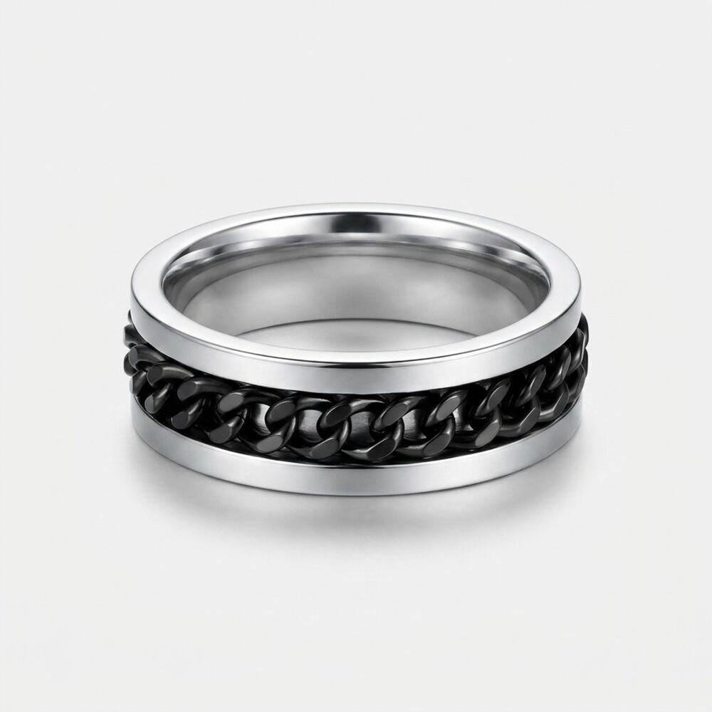 Size 10 Stainless Steel Spinner Ring Black Chain Fidget Band